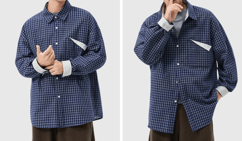 復古細格紋理前袋反向設計 長袖恤衫 [SBS-1378]