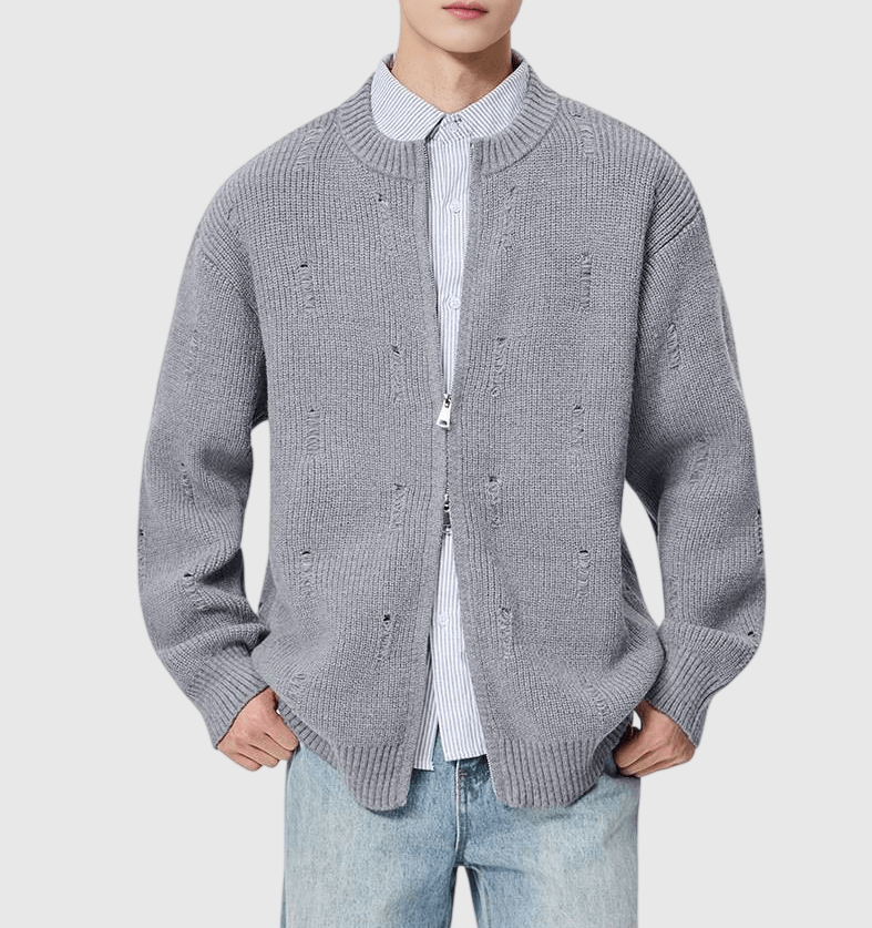 日系不規則破洞 針織圓領開胸外套 [SBO-1503]