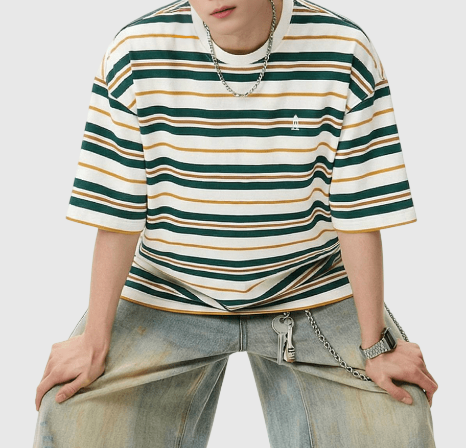 復古撞多色條紋燈塔小刺繡 純棉短袖 T-Shirt [SBT-1151]