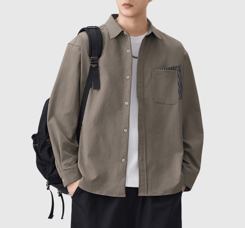 日系前袋雙縫接紋理設計 透氣長袖恤衫 [SBS-1392]