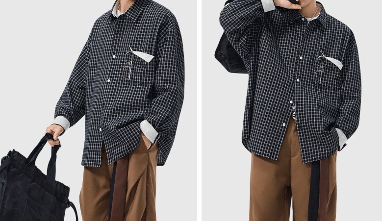 復古細格紋理前袋反向設計 長袖恤衫 [SBS-1378]