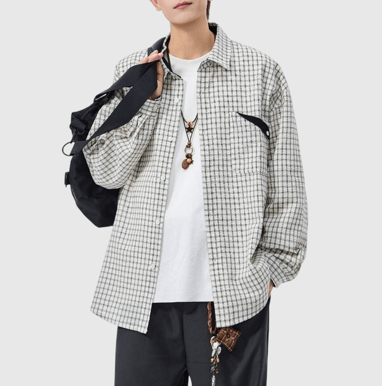 復古細格紋理前袋反向設計 長袖恤衫 [SBS-1378]