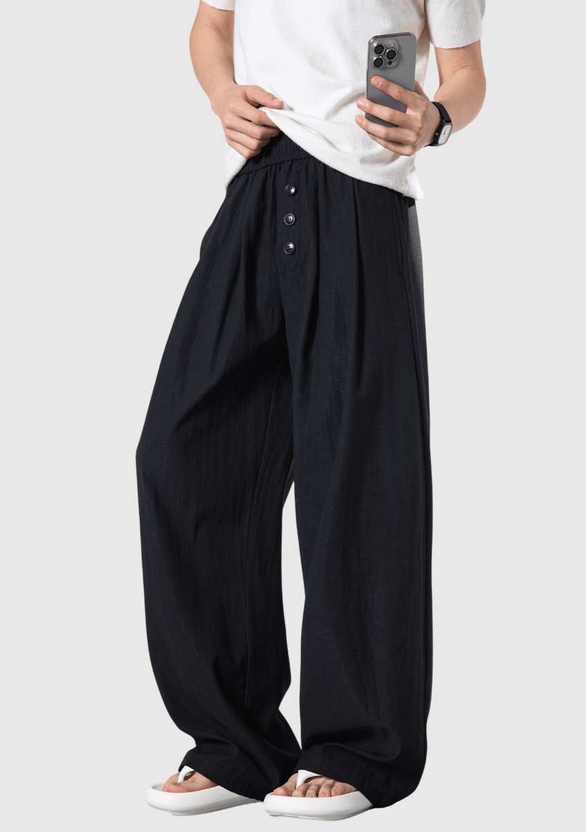 日系文藝門襟木質鈕扣 麻質闊腿直筒垂感長褲 [SBP-1200]