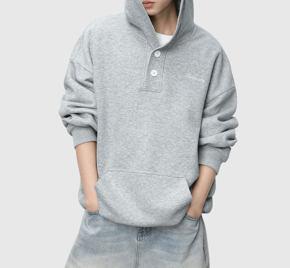 日系帽簷撞色縫線設計 半開領鈕扣連帽衛衣 [SBH-1344]