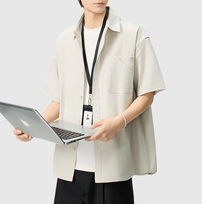 復古基礎層次前袋重疊縫線設計 透氣短袖恤衫 [SBS-1397]