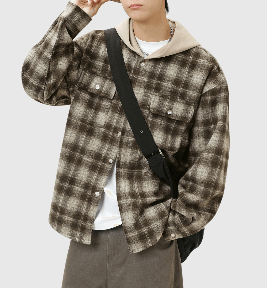 復古雙前袋格仔紋理 撞色連帽長袖外套 [SBO-1407]