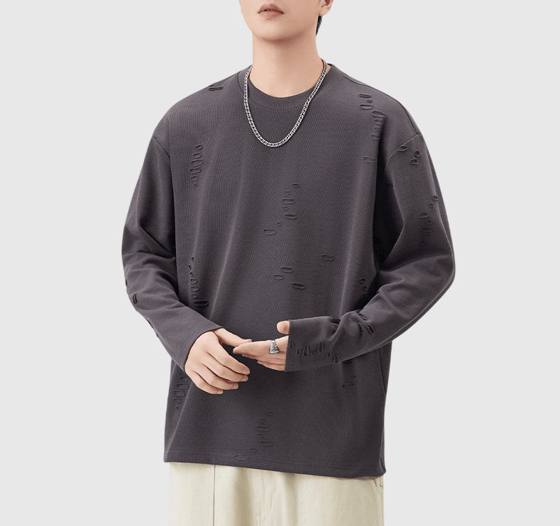 復古不規則破洞造舊設計 長袖 T-Shirt [SBT-1456]