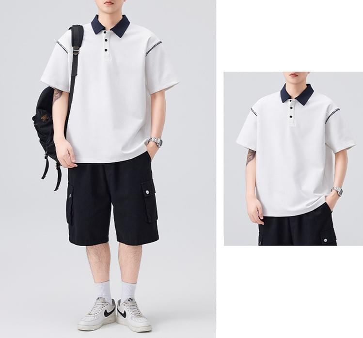 日系領口撞色手袖縫線設計 短袖 POLO T-Shirt [SBT-1419]