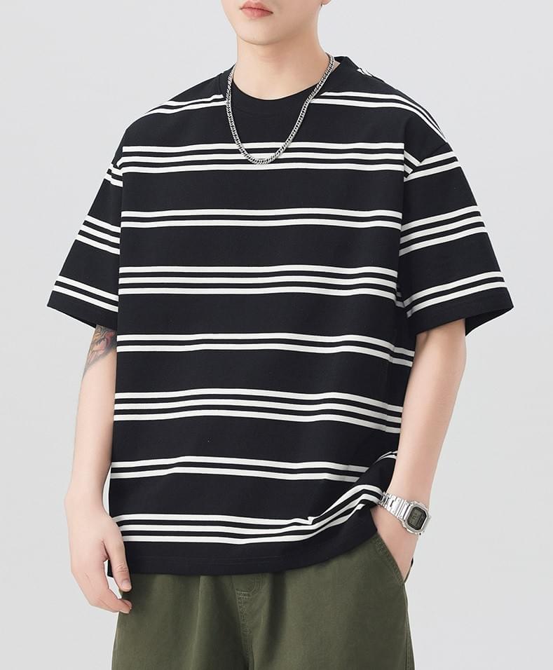 復古色織撞色條紋設計 短袖 T-Shirt [SBT-1412]