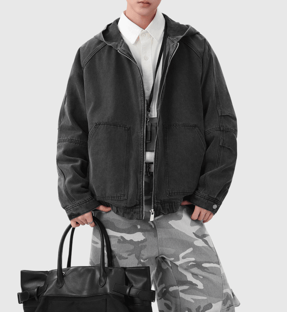 復古水洗前袋縫紉工裝 連帽牛仔外套 [CBJ-1075]