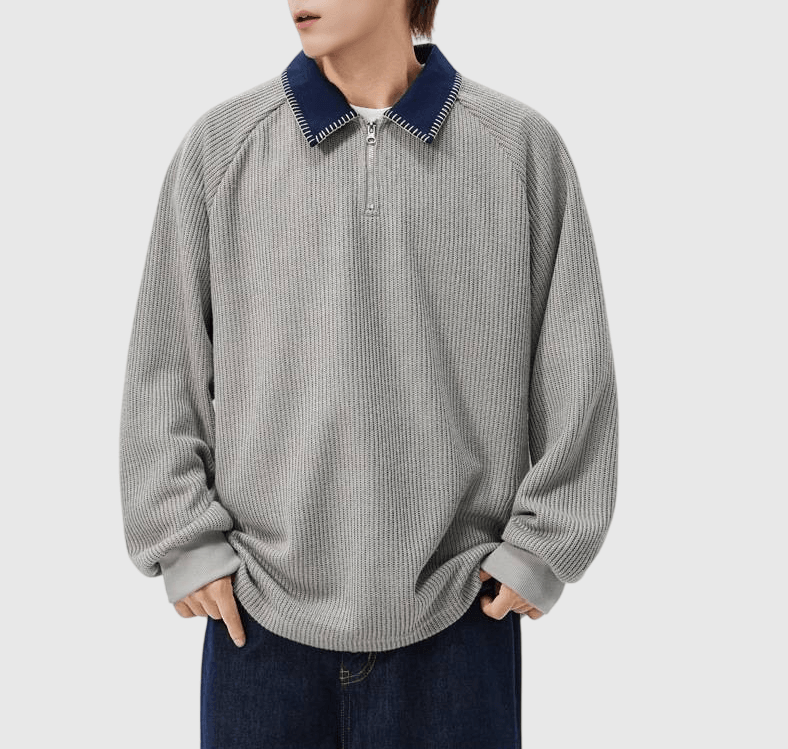 日系領口撞色縫線設計 半拉鍊長袖 POLO T-Shirt [SBT-1473]