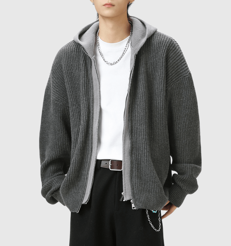 日系撞色層次假兩件式 粗線針織長袖外套 [SBO-1420]