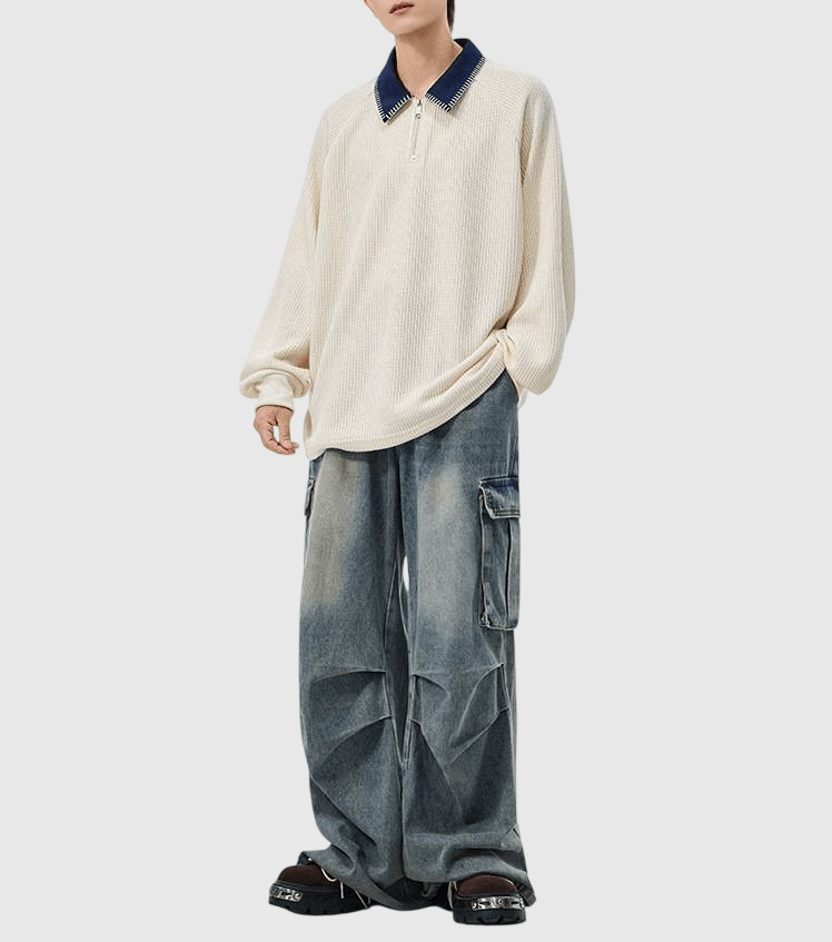 日系領口撞色縫線設計 半拉鍊長袖 POLO T-Shirt [SBT-1473]