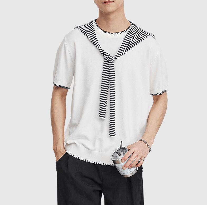 領口撞色手工縫線可拆卸披肩 短袖 T-Shirt [SBT-1553]