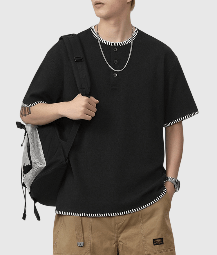 復古撞色手工縫線設計 亨利領短袖 T-Shirt [SBT-1563]