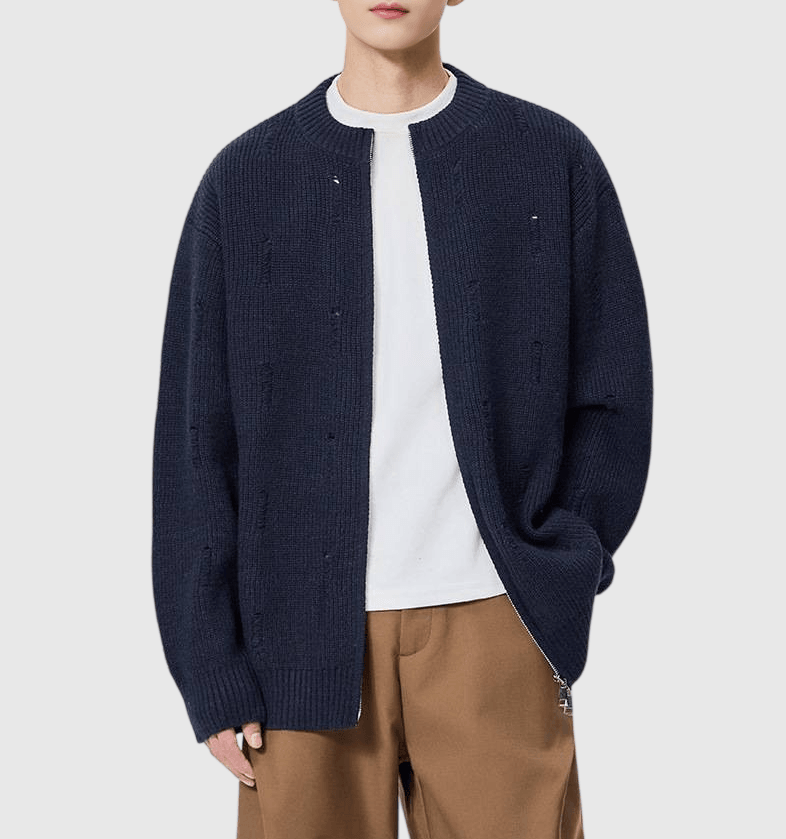 日系不規則破洞 針織圓領開胸外套 [SBO-1503]