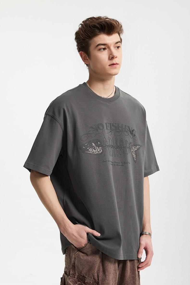 魚骨文字圖案立體印燙 純棉短袖 T-Shirt [CBT-1238]