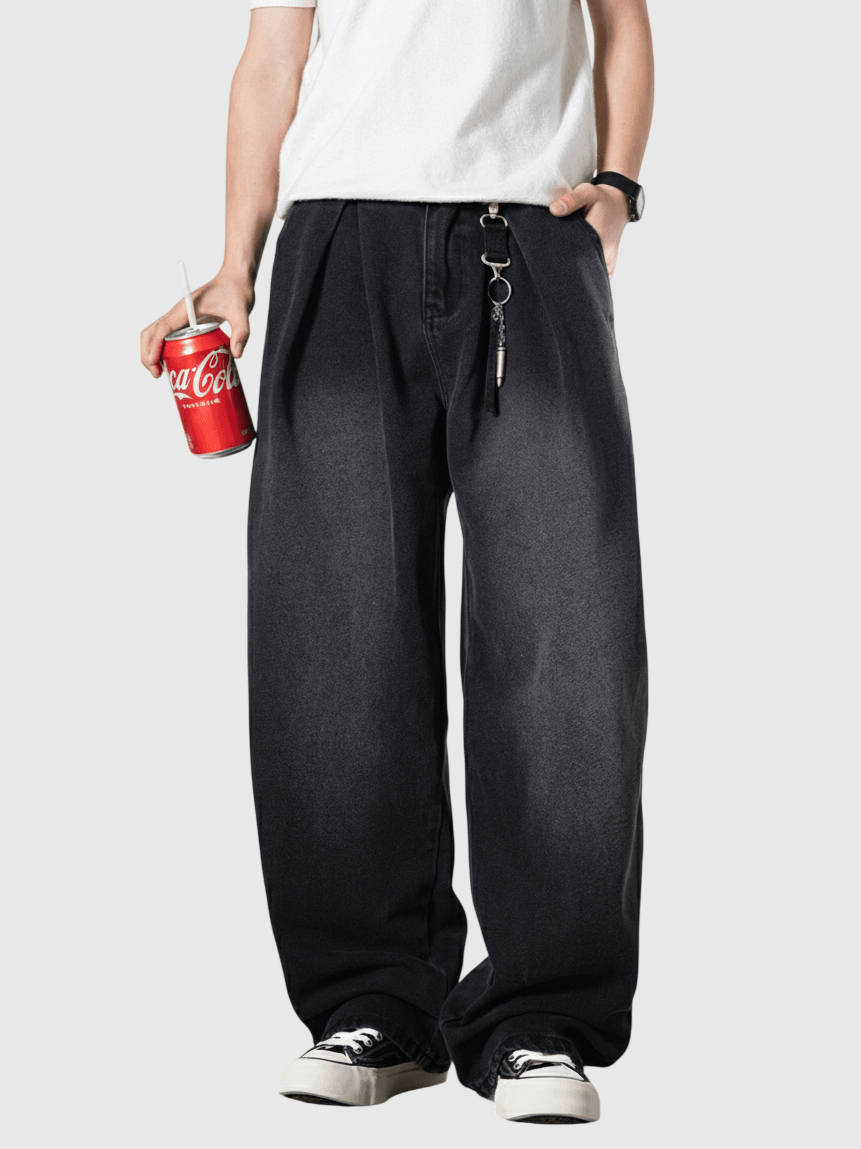 日系基礎洗水立體褶皺設計 闊腳牛仔直筒長褲 [SBP-1194]