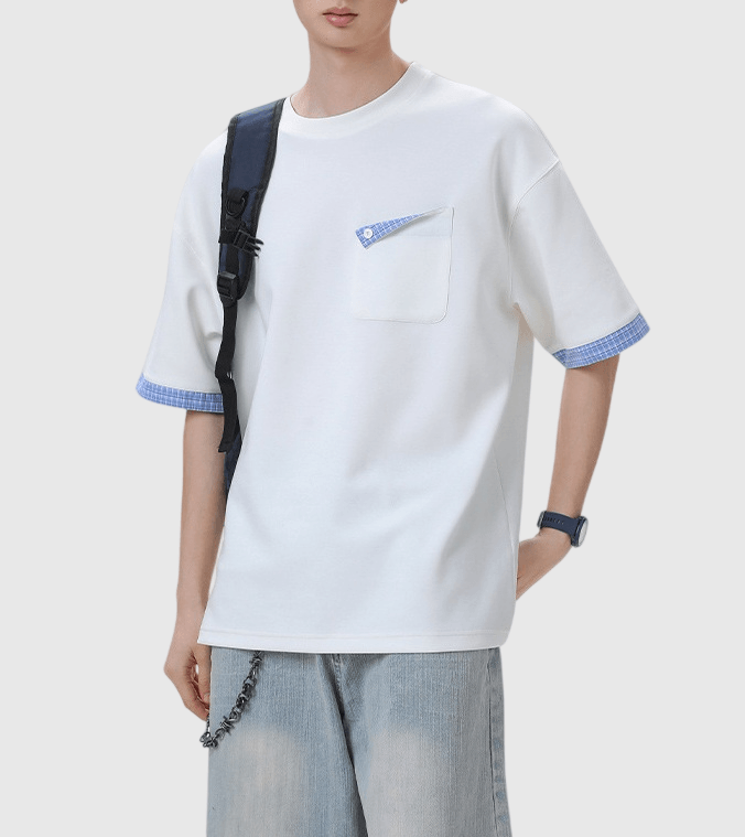 日系格紋拼布前袋反向設計 短袖 T-Shirt [SBT-1570]