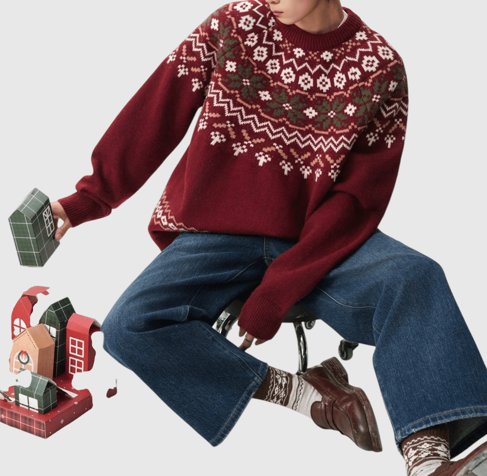 復古半民族風提花圖案 圓領針織毛衣 [SBK-1127]