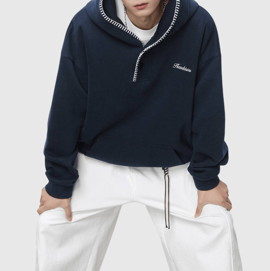 日系帽簷撞色縫線設計 半開領鈕扣連帽衛衣 [SBH-1344]