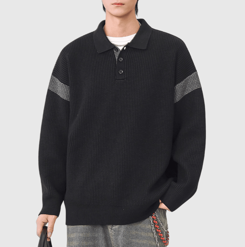 日系粗線針織肩膊條紋縫紉 POLO 針織毛衣 [SBK-1131]