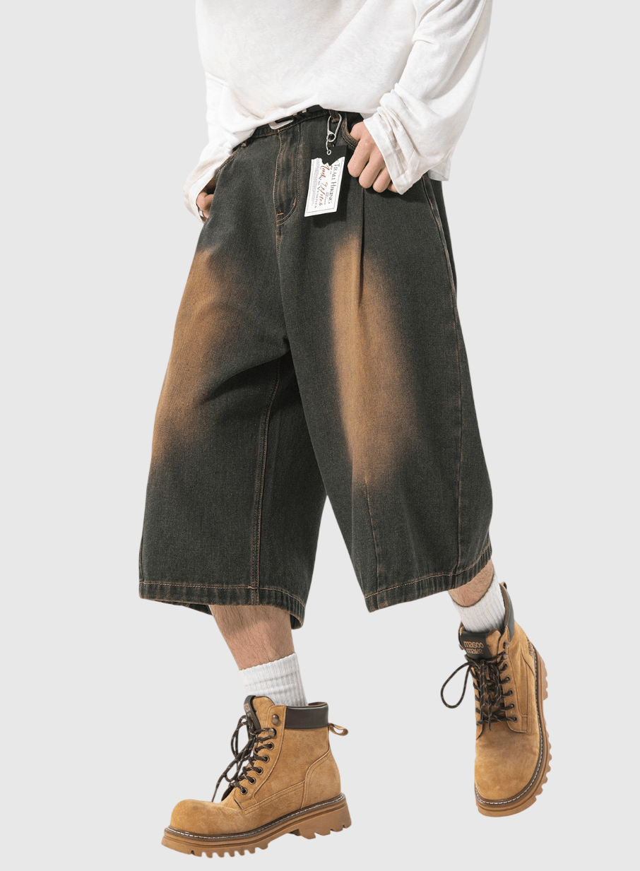 復古基礎洗水立體褶皺設計 闊腳七分牛仔短褲 [SBST-1148]