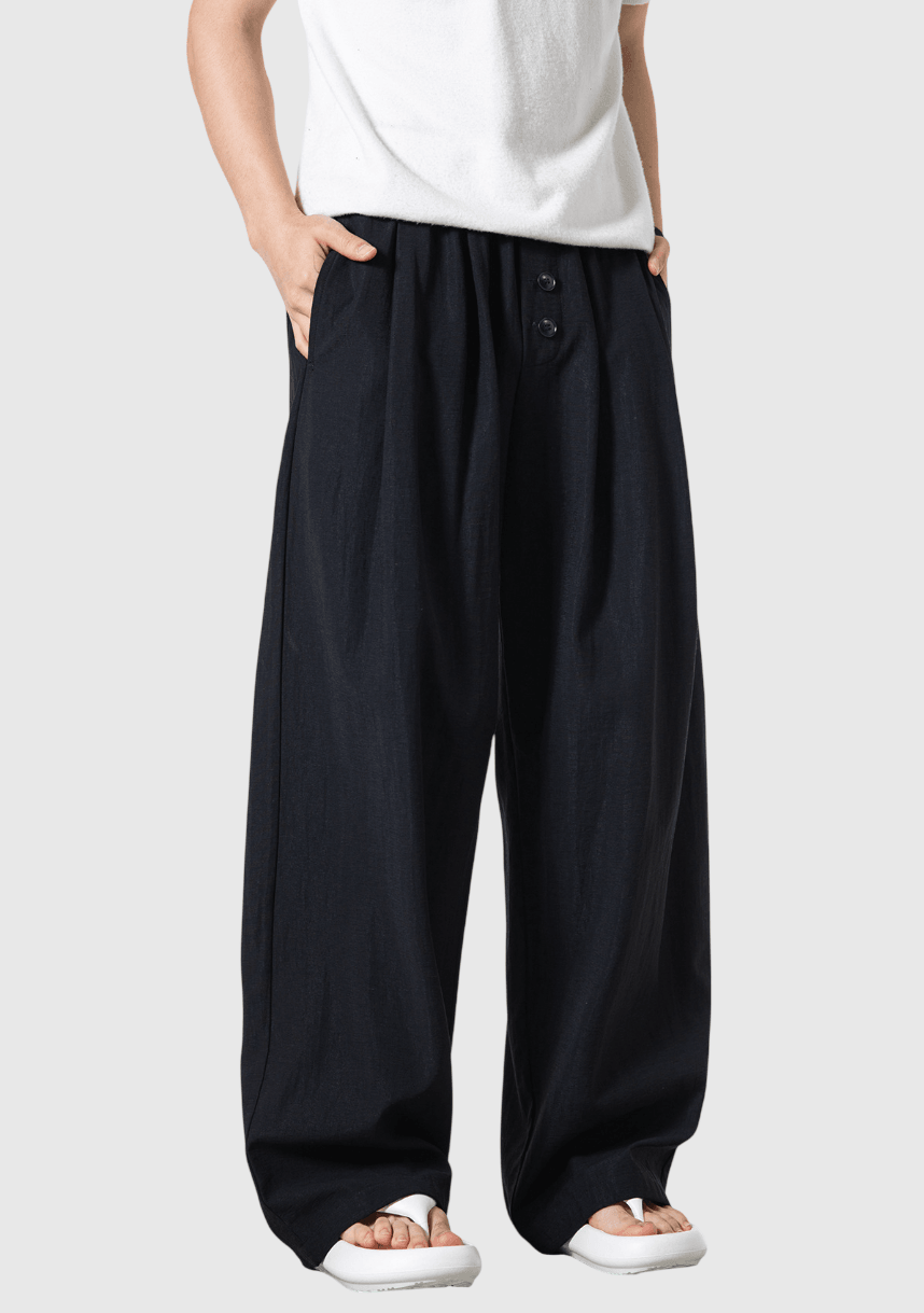 日系文藝門襟木質鈕扣 麻質闊腿直筒垂感長褲 [SBP-1200]