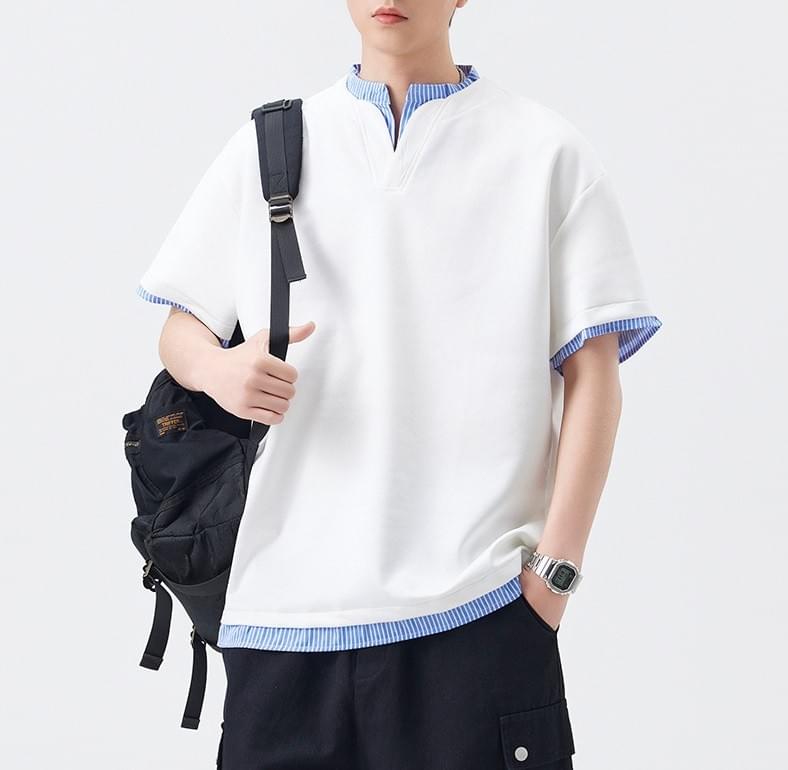 日系層次假兩件式恤衫縫紉拼接 短袖 T-Shirt [SBT-1446]