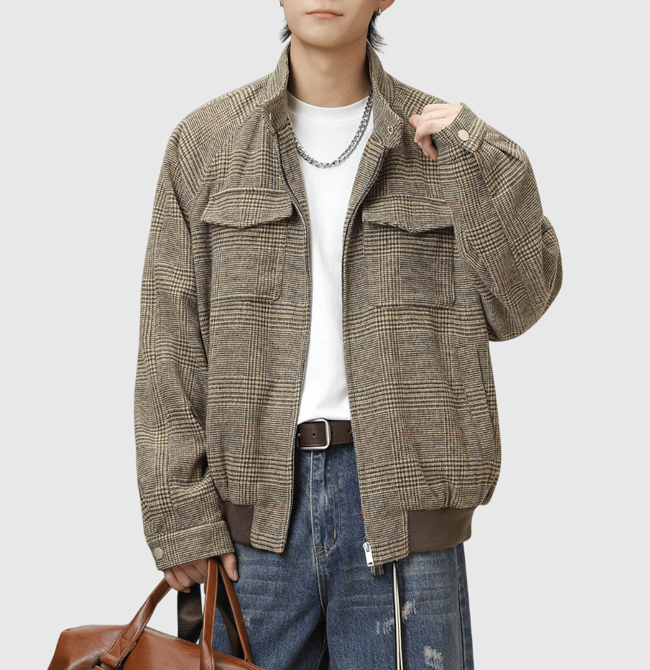 復古雙前袋千鳥格紋紋理 半領長袖外套 [SBO-1408]