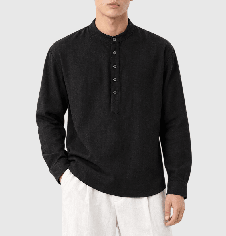 復古基礎色系牛角鈕扣 亨利領麻質透氣短袖 T-Shirt [SBT-1591]