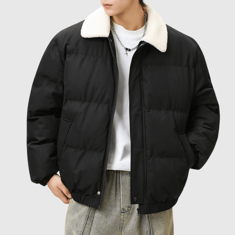 日系基礎雙側袋 絨毛粒領口夾棉長袖外套 [SBO-1497]