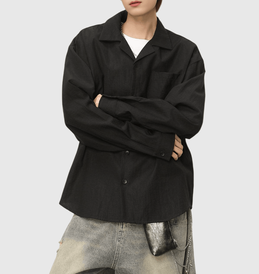 復古基礎大領口微皺紋理 麻質透氣垂感長袖恤衫 [SBS-1373]