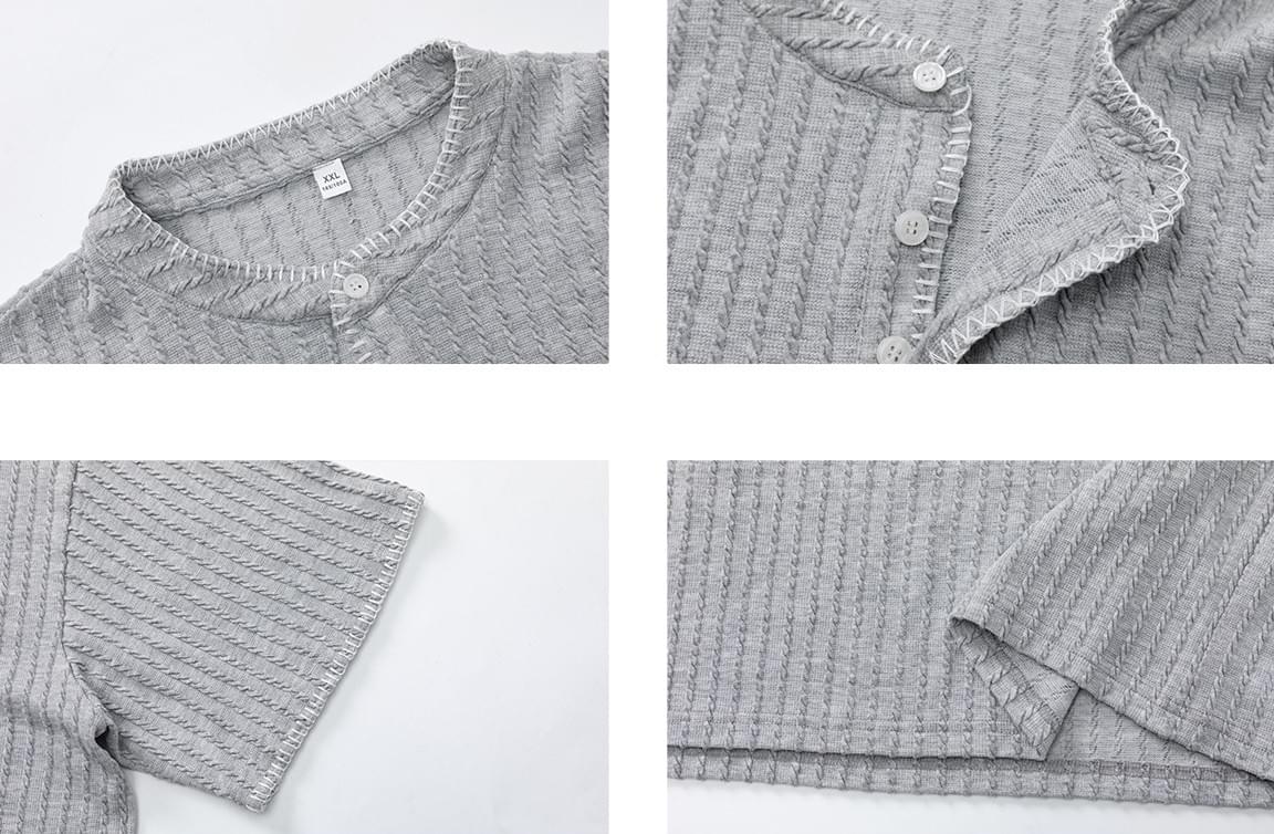 日系領口撞色手工縫線設計 半開領鈕扣短袖 T-Shirt [SBT-1481]