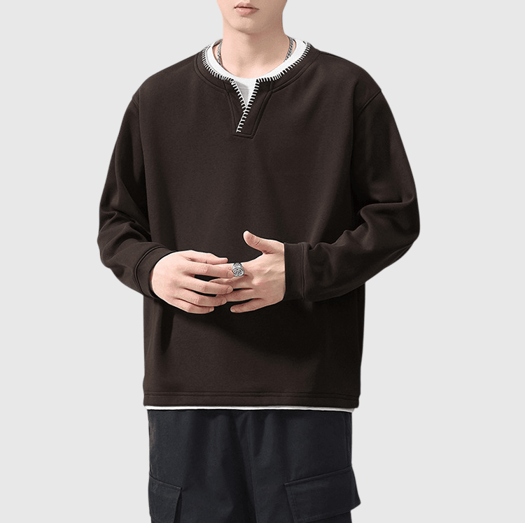 日系領口撞色手工縫線設計 假兩件式短袖 T-Shirt [SBH-1363]