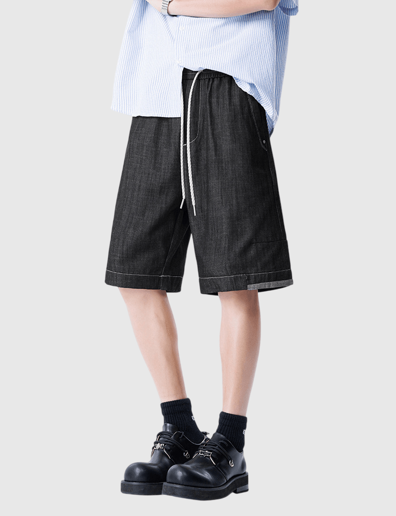 日系褲腳色系拼布設計 仿牛仔透氣短褲 [SBST-1167]