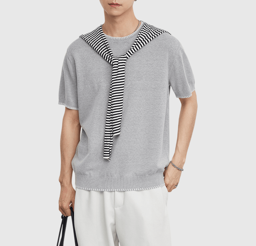 領口撞色手工縫線可拆卸披肩 短袖 T-Shirt [SBT-1553]