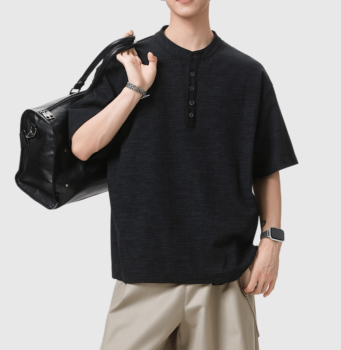 日系混色編織紋理設計 亨利領透氣短袖 T-Shirt [SBT-1552]