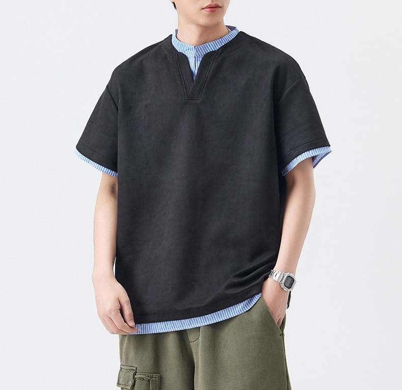 日系層次假兩件式恤衫縫紉拼接 短袖 T-Shirt [SBT-1446]