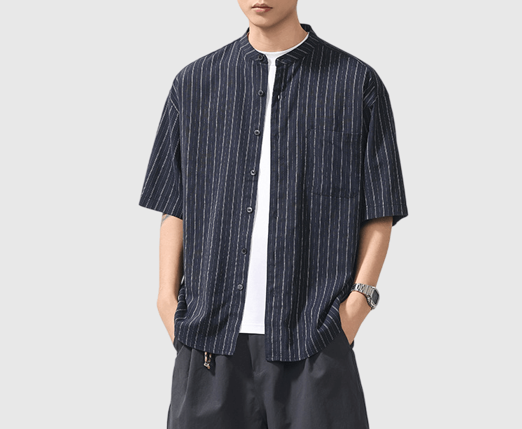 日系基礎前袋垂直條紋 麻質半領短袖恤衫 [SBS-1400]