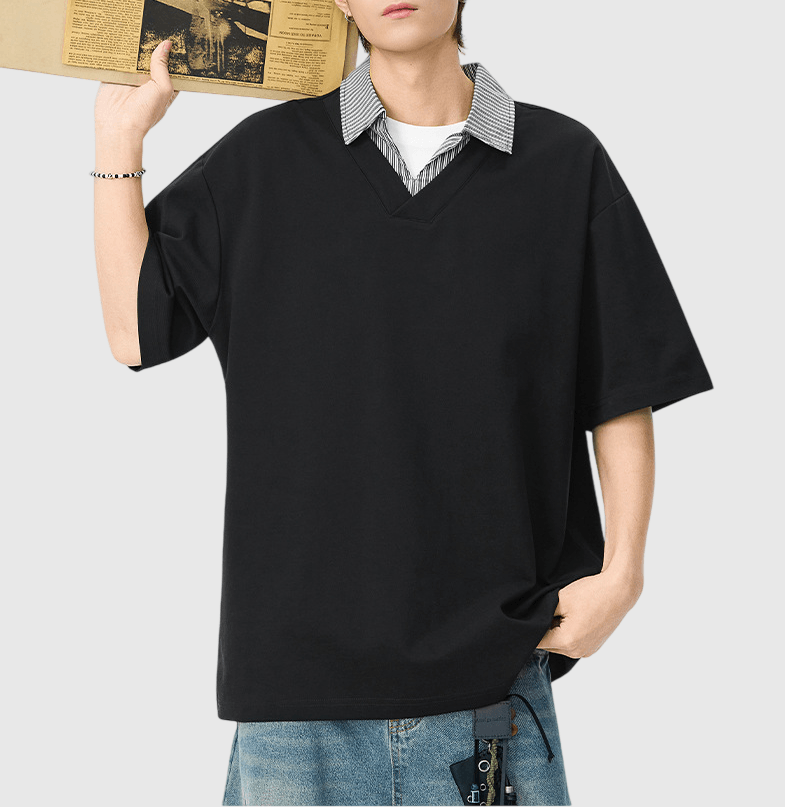 日系撞色恤衫領口拼接設計 短袖 T-Shirt [SBT-1530]