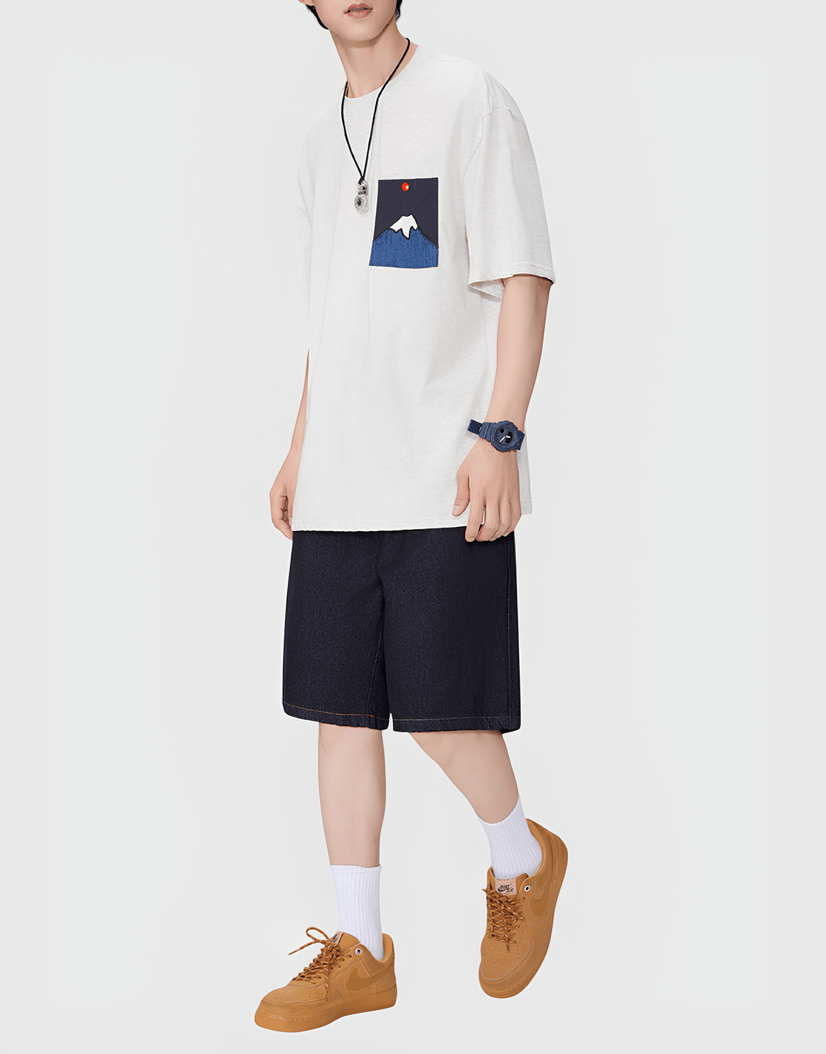 日式前袋富士山刺繡設計 純棉短袖 T-Shirt [SBT-1464]