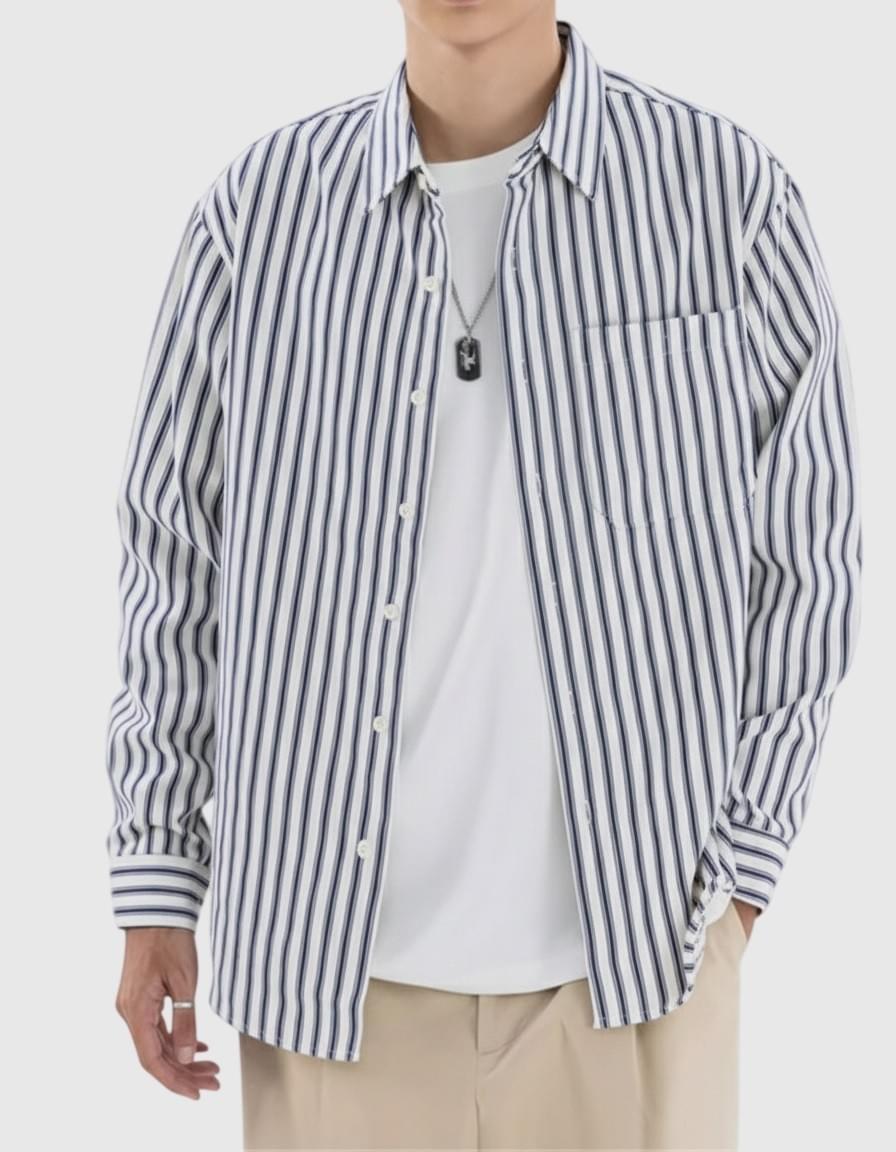 日系基礎垂直條紋紋理色織 長袖恤衫 [SBS-1386]