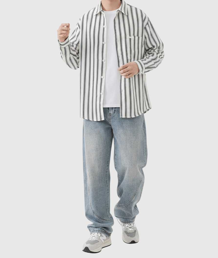 日系手袖牛仔布縫紉條紋色織 長袖恤衫 [SBS-1389]