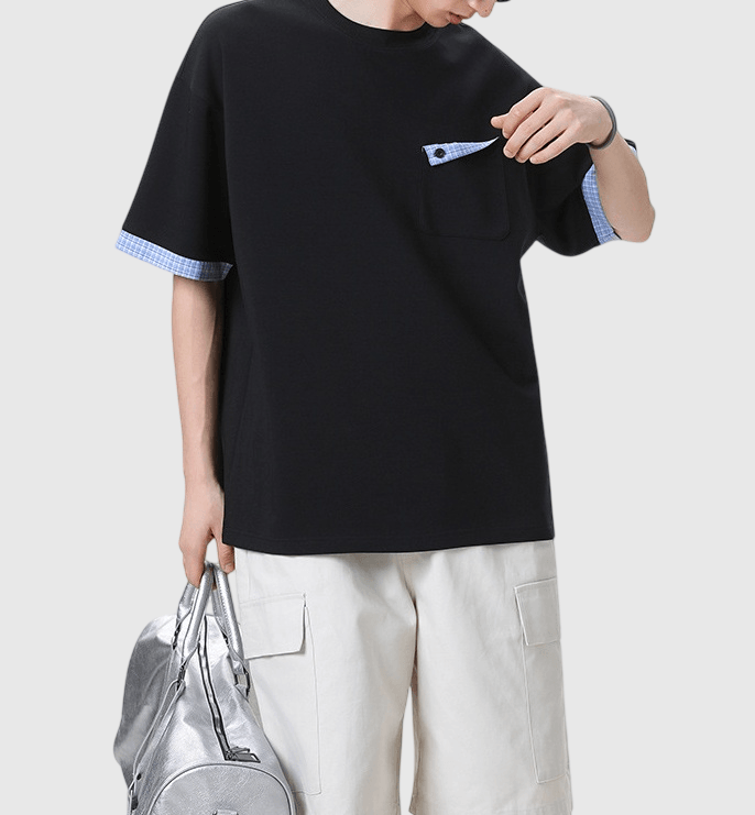 日系格紋拼布前袋反向設計 短袖 T-Shirt [SBT-1570]