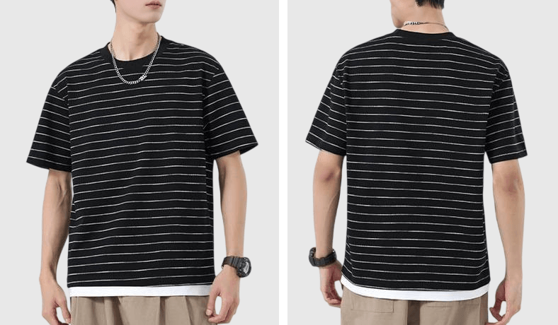 日系漸變色條紋假兩件式設計 短袖 T-Shirt [SBT-1491]