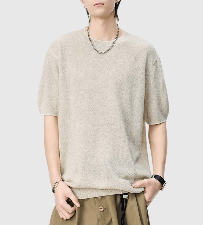 日系邊緣撞色肌理紋理設計 麻質針織透氣短袖 T-Shirt [SBT-1535]