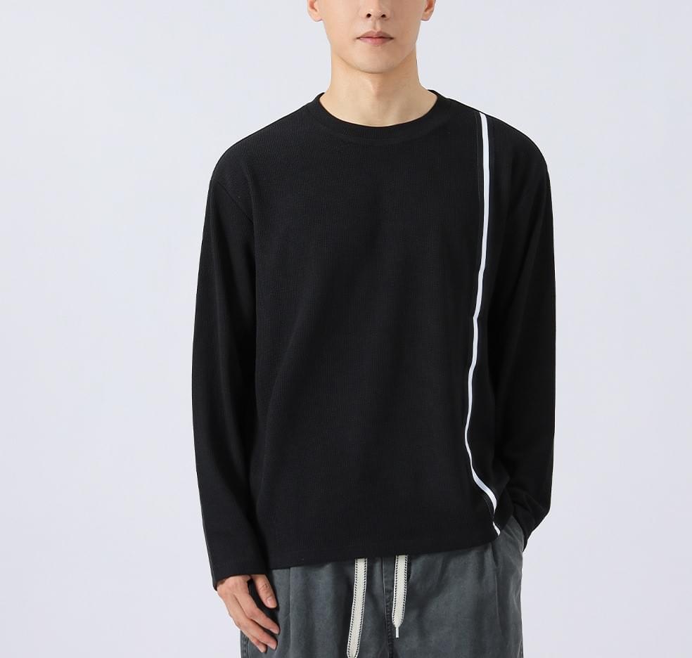 日系側身撞色縫線條紋 肌理紋理長袖 T-Shirt [CBT-1223]