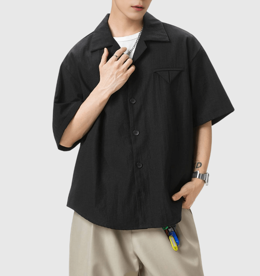 復古三角縫紉前袋微皺紋理 透氣垂感麻質短袖恤衫 [SBS-1393]