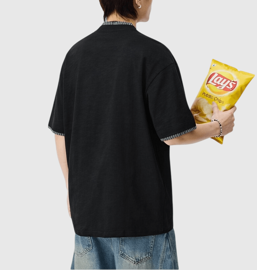 日系假兩件式條紋縫紉 亨利領純棉短袖 T-Shirt [SBT-1508]